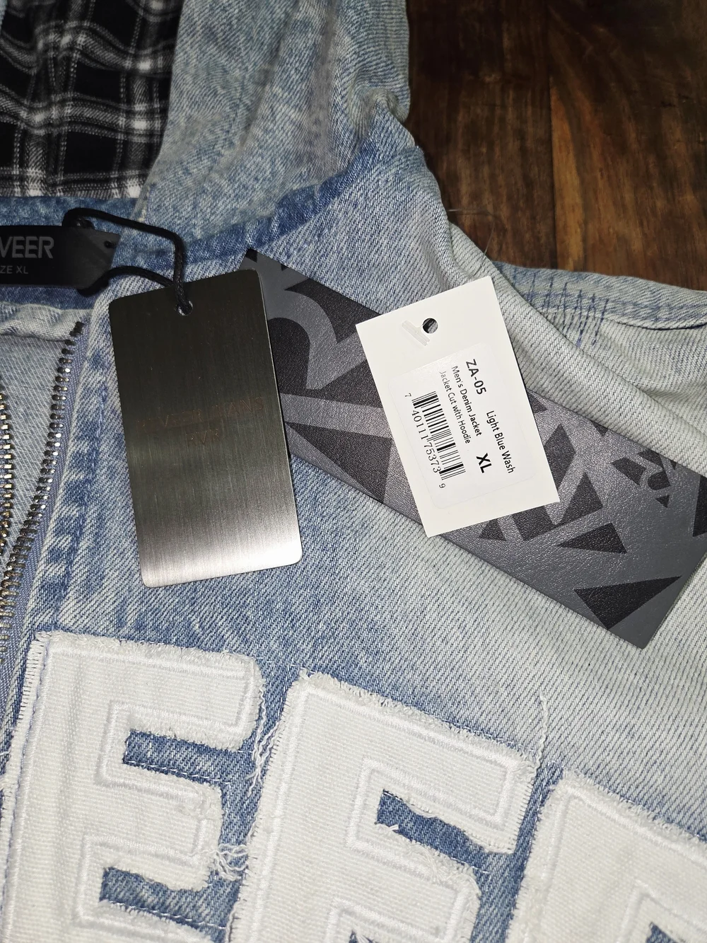 Reever Jeans Men's Denim Jacket W/ Light Blue Wash And Full Patchwork. Size XL.